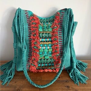 ibBan Turquoise leather boho Beaded Fringe shoulder bag